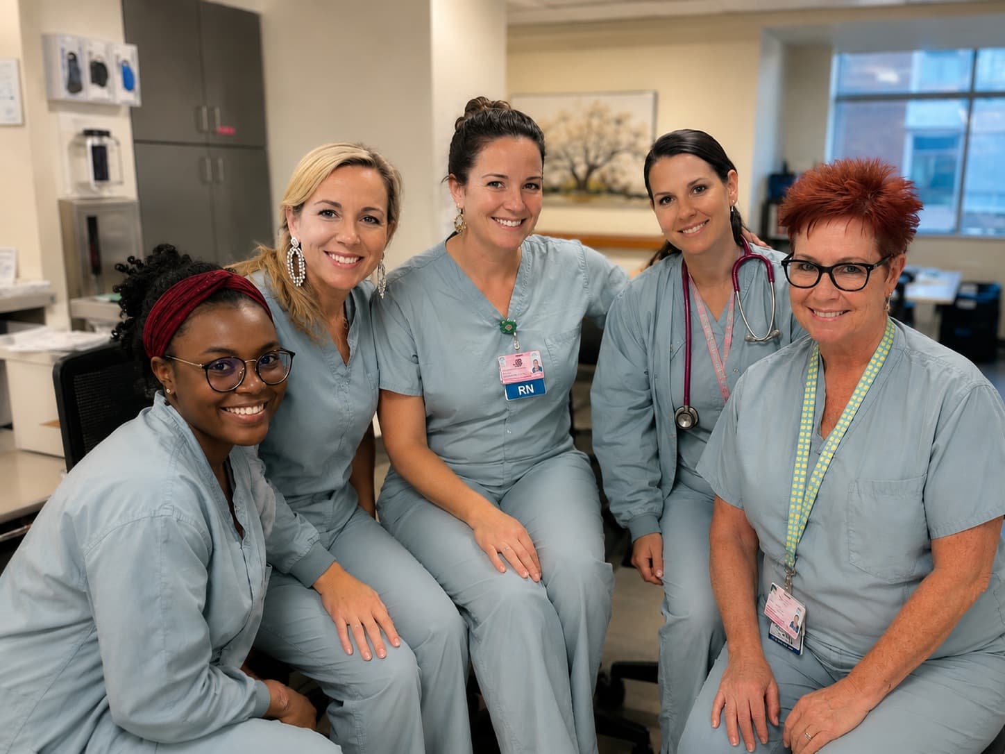 Four nurses in scrubs standing together in a bright corridor