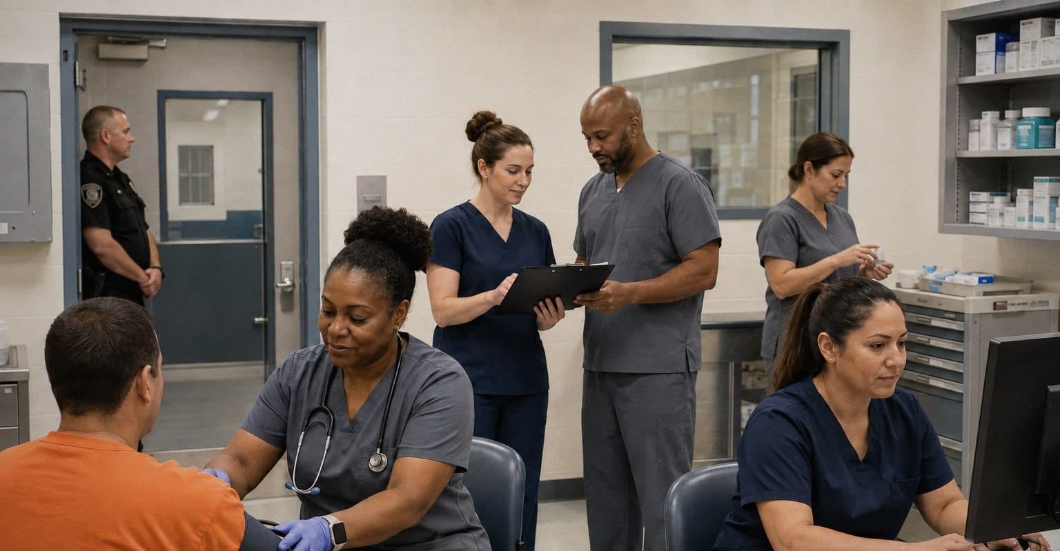 Nurses in scrubs assessing and treating patients in a correctional facility clinic, with an officer at the door
