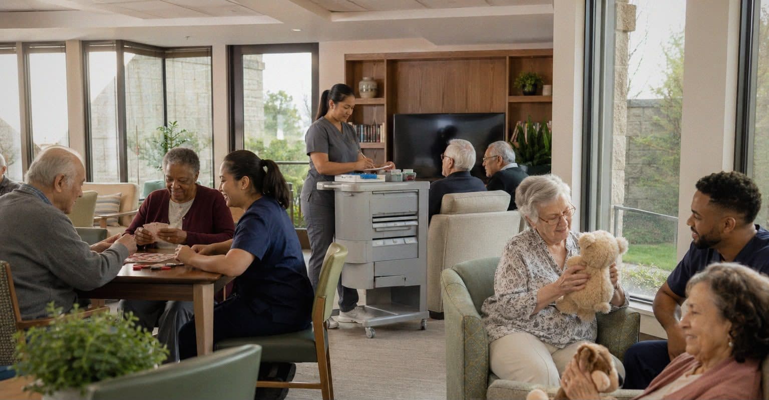 Residents and nursing staff together in the day room of a nursing home