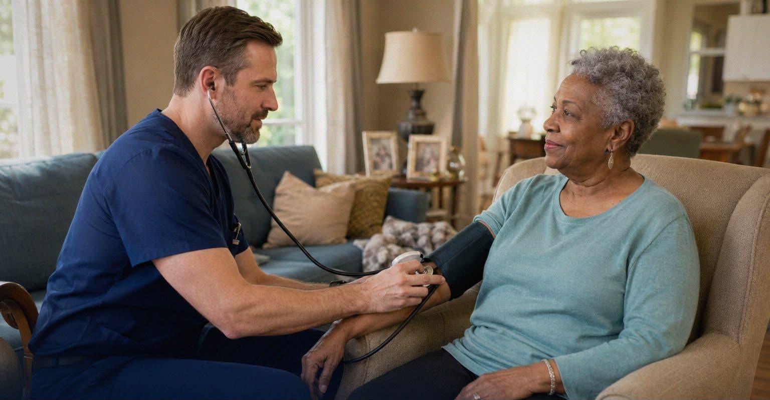 A nurse checking an older woman's blood pressure in her living room