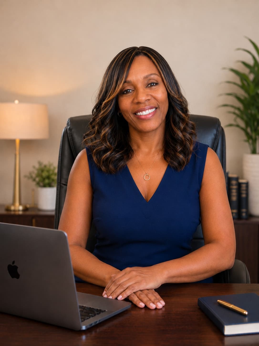 Belquis Soriano-Díaz, RN, BSN, Founder and CEO of Opportiva Health Solutions, seated at her desk beneath the Opportiva logo