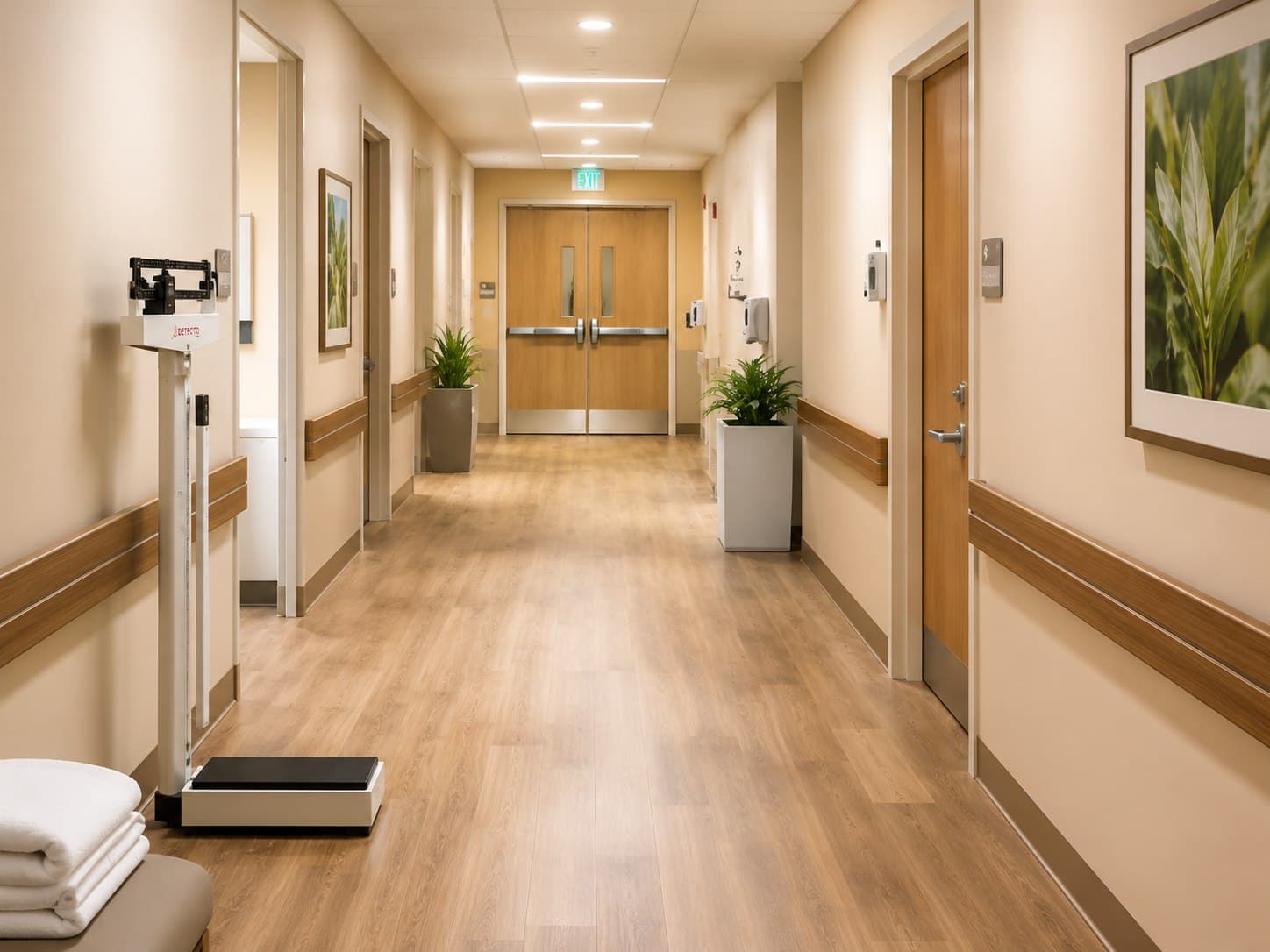 A quiet care facility corridor with handrails, patient room doors and a floor scale