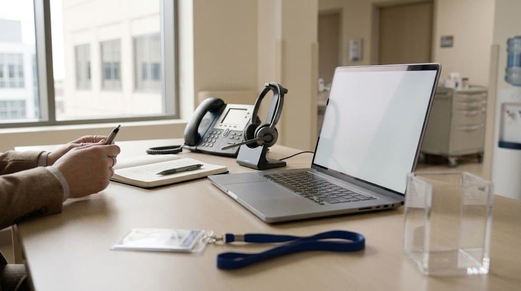 A coordinator's desk with a laptop, desk phone, headset and staff badge