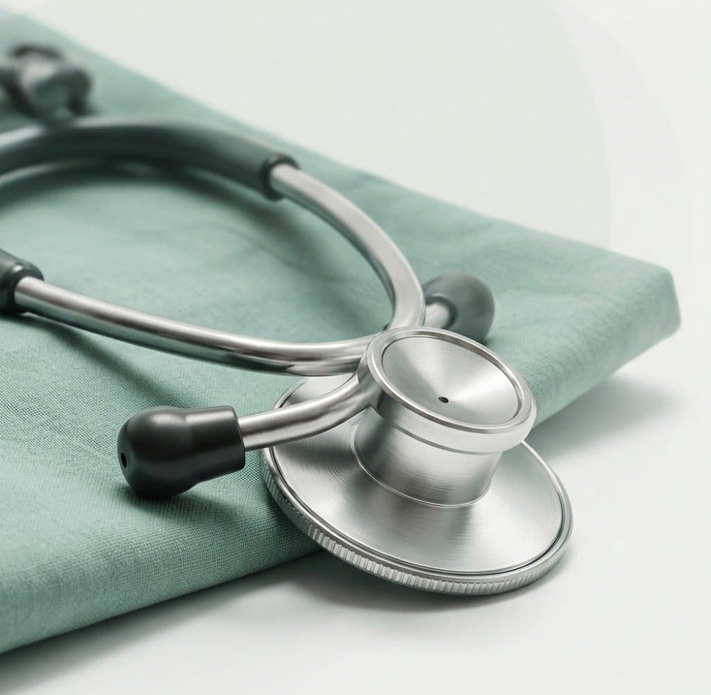 A stethoscope resting on folded scrubs